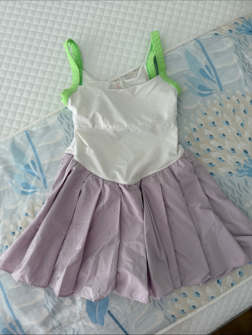 Free People White Top Lavender Skirt Dress with Neon Green Straps